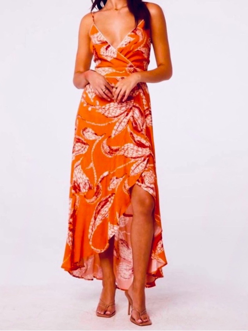 Band of the Free Orange Floral Faux Wrap High-Low Midi Dress Size S